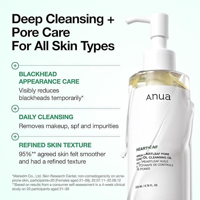 Anua Heartleaf Pore Control Cleansing Oil, Pore Cleanser, Sebum Care, Gentle Melting Oil Cleanser for Face, Safe For All Skin Type, Daily Hydrating Makeup Remover, Korean Skin Care (6.76fl.oz)