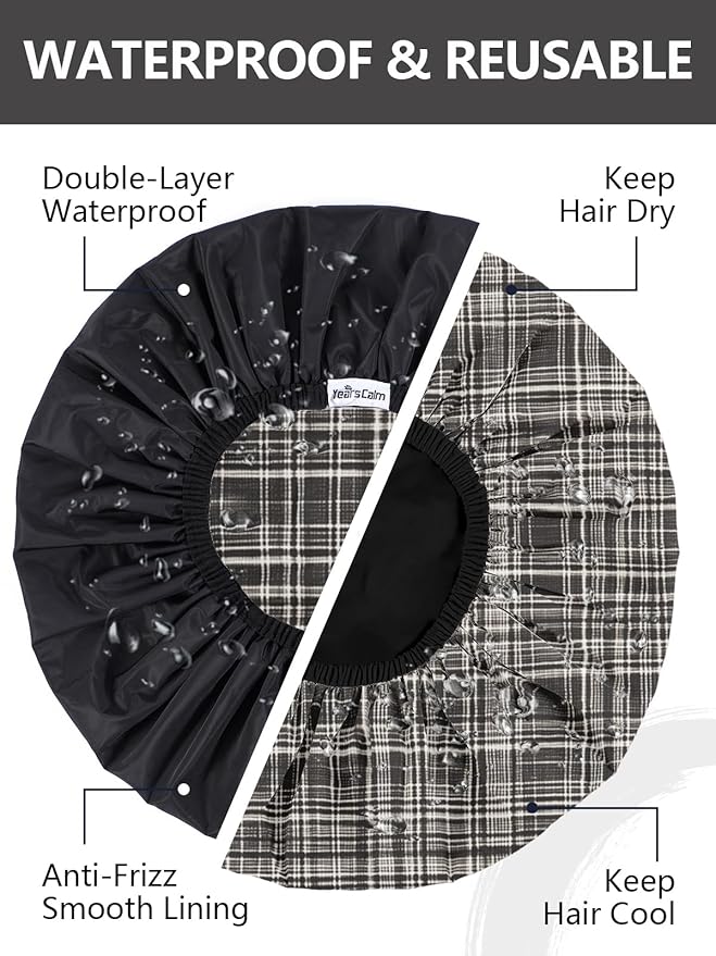 Years calm Men Shower Cap Reusable Waterproof, Dual-Layer Design, Double-Sided Use,Protects Hair in Shower, Spa, Travel & Cooking, Adjustable Elastic for Comfortable Fit (Black Plaid, One Size)