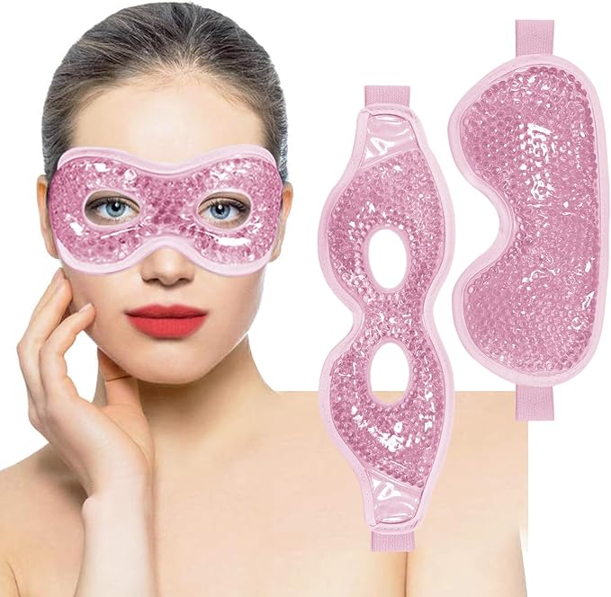 Cooling Gel Eye Mask, 2 PCS Reusable Eye Pad & Cool Compress for for Puffiness & Swelling, Cold Pack with Plush Backing for Migraine & Stress Relief, Pink