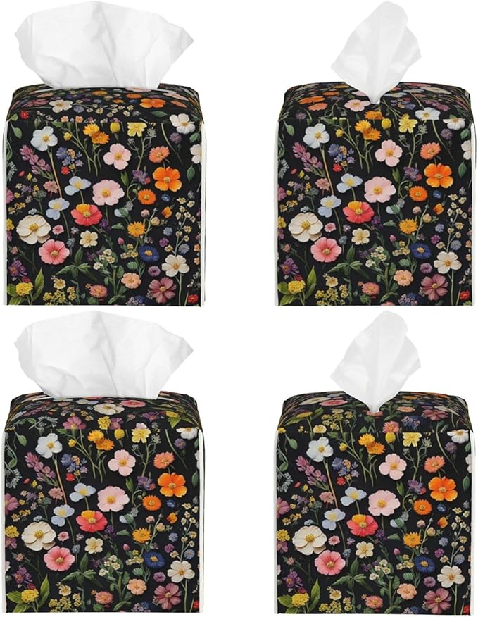 Spring Florals Herbs Tissue Box Cover Vintage Flowers Square Leather Tissue Holder Decorative Facial Tissue Cube Paper Cover Case Organizer for Bathroom Night Stands Desk Tabletop Home