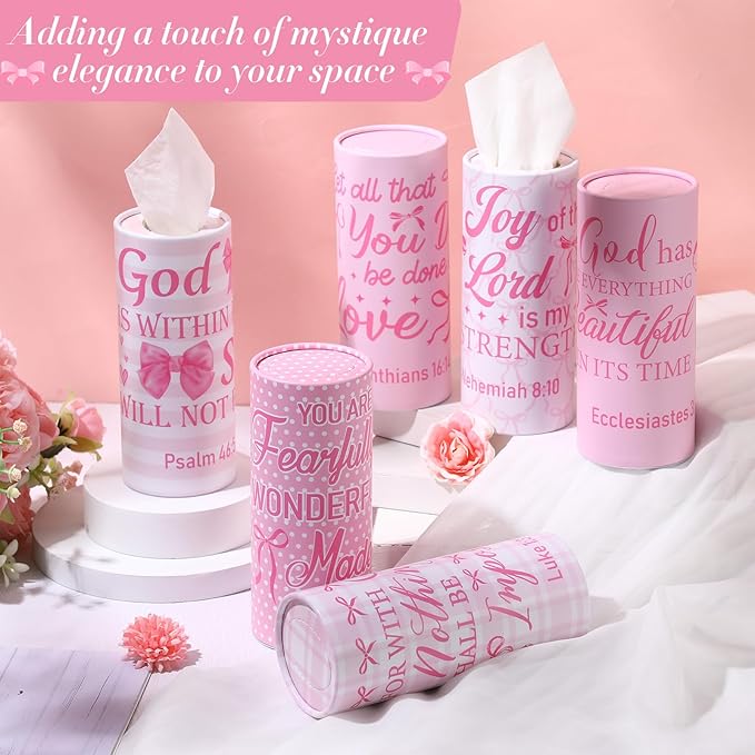 Outus 12 Pcs Christian Car Tissues Cylinder Holder with 3 Ply Facial Tissue Bulk Pink Bow Religious Round Tissue Holder Inspirational Scripture Travel Tissues Boxes Container for Car Cup Home Office