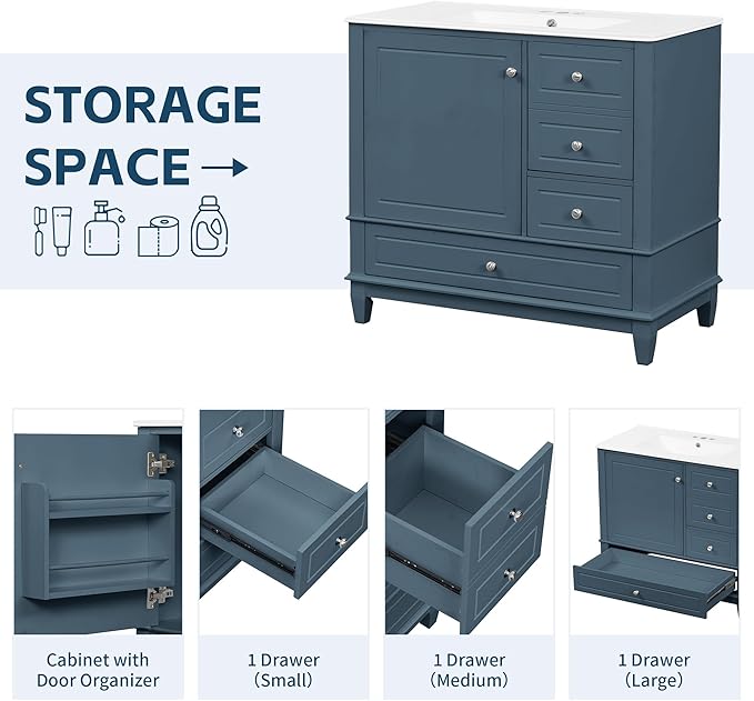 36" Bathroom Vanity with Sink, Harper & Bright Designs Free Standing Single Vanity Set with 3 Drawers and One Door with Storage Racks, Wooden Storage Cabinet with Ceramic Basin for Bathroom, Blue Grey