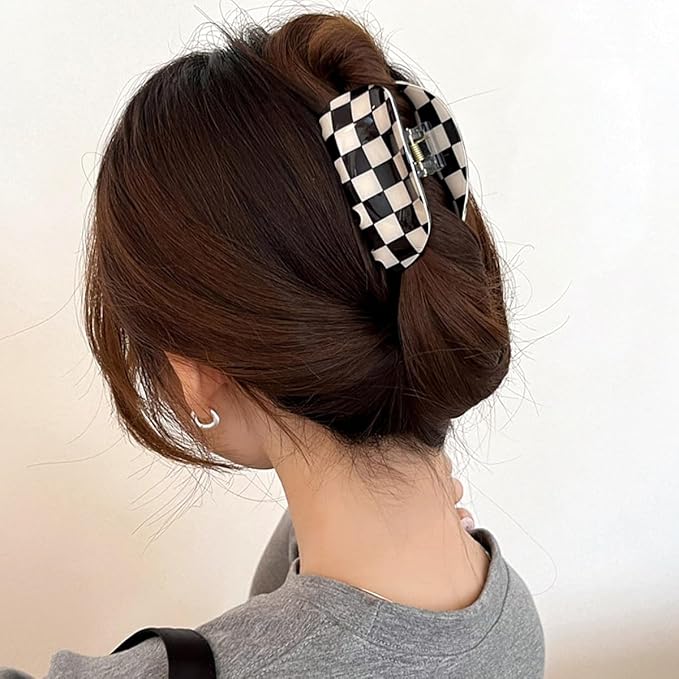Checkered Hair Claw Clips, Acrylic Multicolored Semicircle Checker Barrettes for Women Ladies Medium Cute Non Slip Hair Jaw Clips Strong Hold Claw Clamps Hair Accessories for Thin Thick Hair (4 Pack)