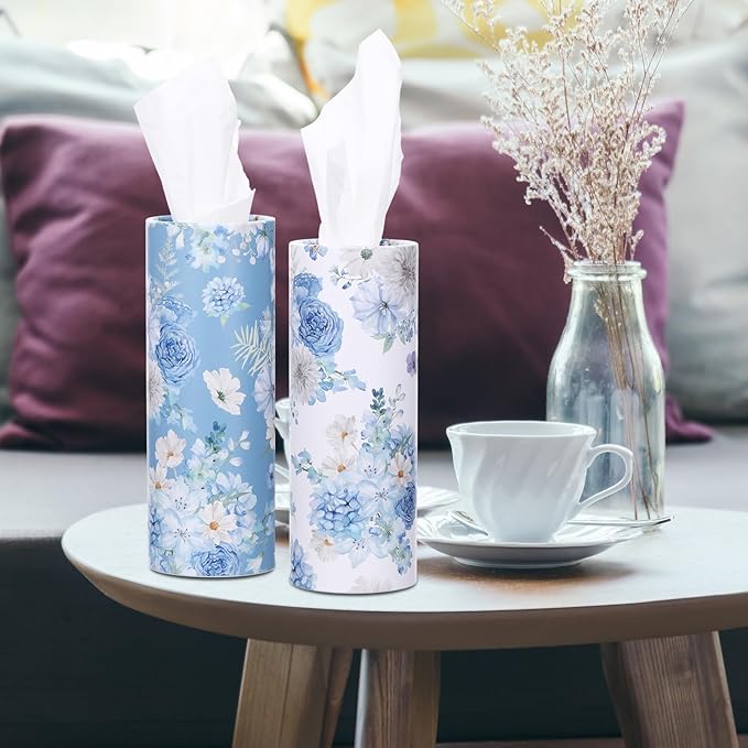 Ctosree Car Tissues Holder with Facial Tissues-6pk- Travel Tissue Tubes Box Container Fit for Car Cup Holder Tissues Floral Cylinder(Blue,White)