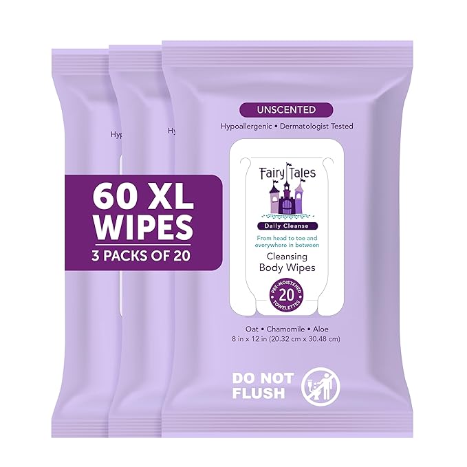 Fairy Tales Daily Cleanse XL Wipes for Kids – Extra Large Body Wipes, Gentle Disposable Washcloths, Unscented, Alcohol Free Cleansing Cloths – 3 pk (60ct total)