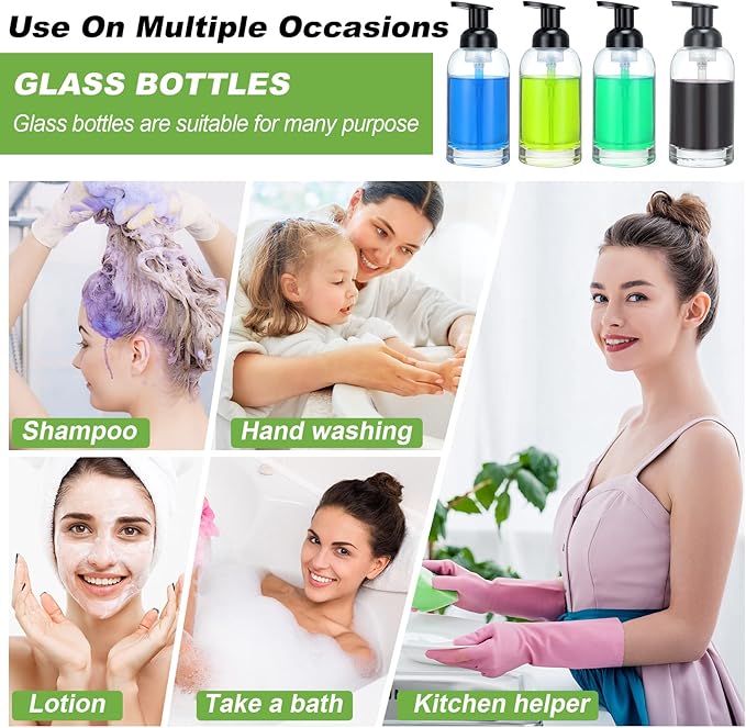 Eccliy 4 Pack 13 Oz Clear Glass Jar Soap Dispenser with Foaming Pump, Clear Thick Hand Liquid Dish Soap Dispenser Round Bottles for Bath Home Kitchen Oil Lotion