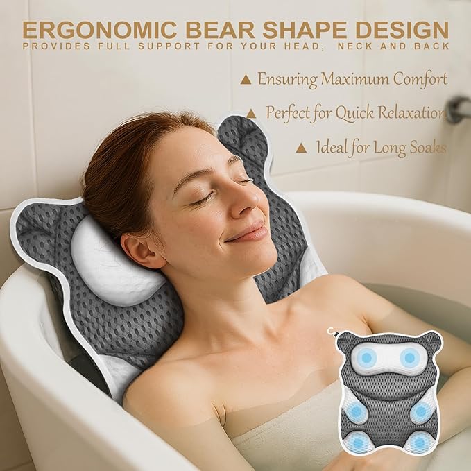 Bath Pillow for Tub Ergonomic Bear Shape Design Bath Pillow for Head and Neck Support SPA Gift Bathtub Pillow 4D Air-Mesh with 8 Suction Cups Washable Gray(2 Pack)