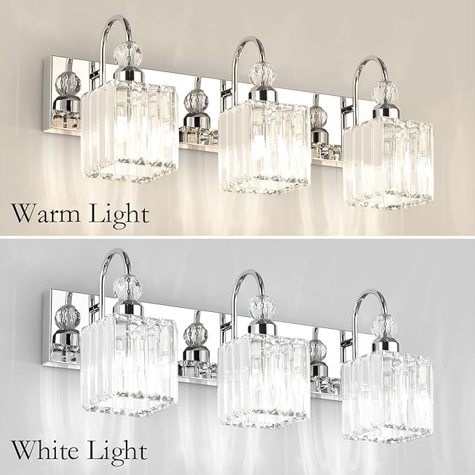 Ralbay Chrome Crystal Bathroom Vanity Light - 3-Lights, 24" Modern Wall Light Fixtures