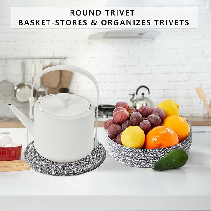 Trivets for Hot Dishes, Trivets for Hot Pots and Pans, Hot Pads for Countertops, Coasters 4 Pcs and Storage Basket 1 Pack, Pot Holders for Kitchen, Cotton Hot Mats Cooking Pad Protect Table (D Grey)