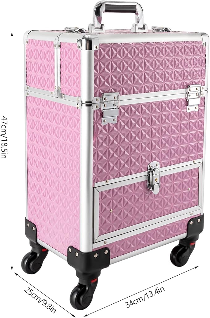 3in1 Rolling Makeup Train Case,Aluminum Trolley Case with 360° Rotation Wheels for Professional Salon Barber Traveling Cart Trunk Cosmetic Beauty Storage (Pink 18.5in)