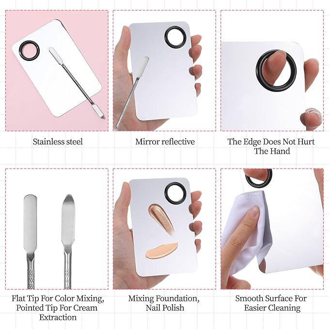 Ouligay 3 Pcs Make Up Spatula Tool Including Makeup Mixing Palette,Foundation Spatula,Makeup Palette Tray,Makeup Accessories Set for Women Girl Korean Makeup Cosmetic Spatula Tool(Metal)