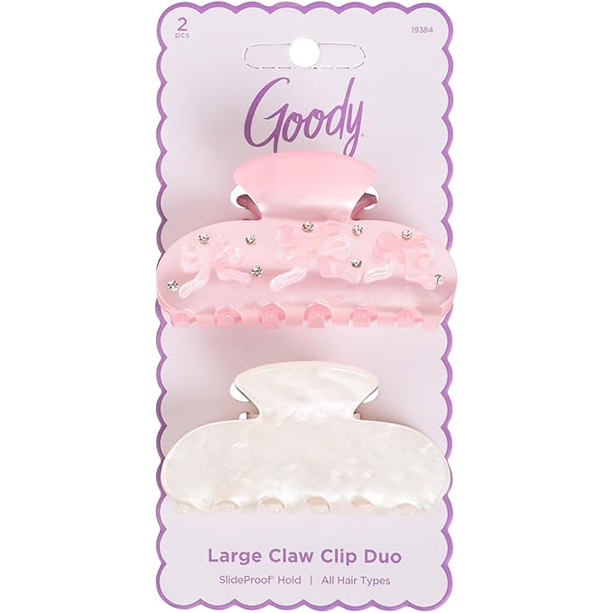 Goody SlideProof Large Claw Clips, Stylish, Secure Grip Hair Clips, Styling Accessories for All Occasions and All Hair Types, Gifts for Women & Girls, Pink Bow and White Marble, 2 Ct