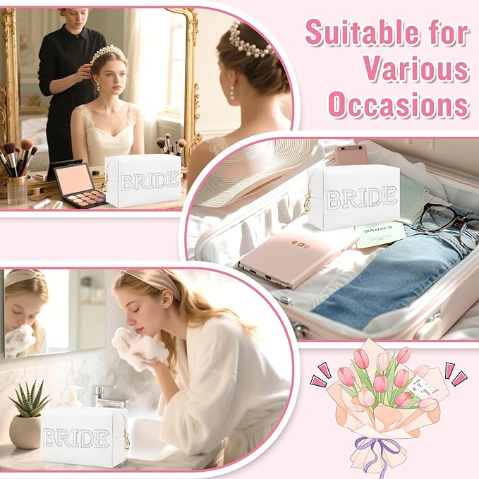 ChaoGreat Bride Gifts – Personalized Makeup Bag with Pearl Rhinestone Patch, Preppy White Monogram Cosmetic/Toiletry Pouch, bridesmaid Gifts, Bridal Shower Gifts, Wedding Gifts, Bridal Gifts,Bride
