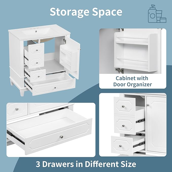 30" Bathroom Vanity with Sink, Harper & Bright Designs Free Standing Single Vanity Set with 3 Drawers and One Door with Storage Racks, Solid Wood Storage Cabinet with Ceramic Basin for Bathroom, White
