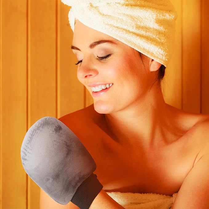 Boao 5 Pieces Self Tanning Mitt Applicator Kit, Includes Tanning Mitt, Exfoliating Glove, Mini Face Glove, Back Lotion Applicator, and Large Brush Makeup(Gray)