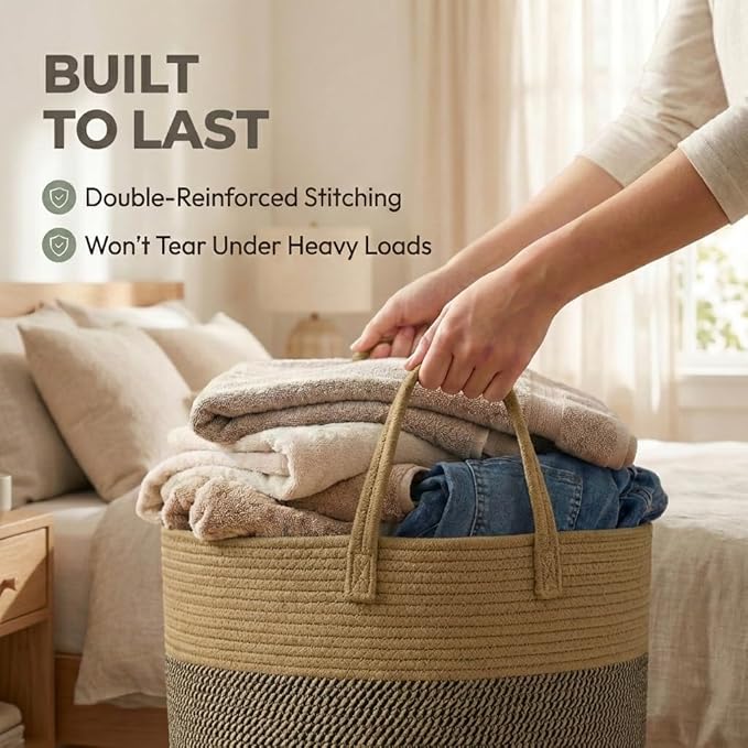 65L Extra Large Blanket Basket for Living Room - Woven Cotton Rope Laundry Hamper with Reinforced Handles - Storage Bin for Pillows, Comforters & Toys - Machine Washable,Jute&Black