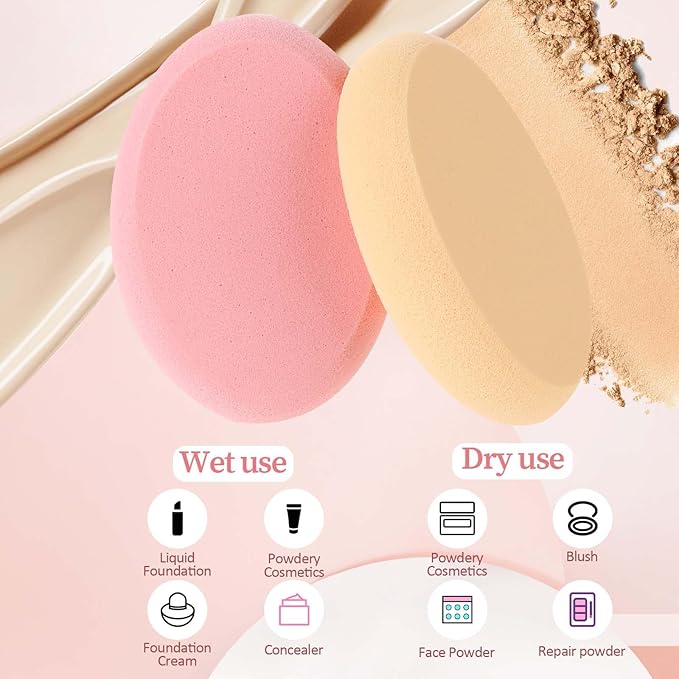 2 Pack Oval Puff Egg Foundation Sponge Oval Makeup Sponges Professional Makeup Sponge for Eye Foundation Blush Application Forehead Cheeks, Dry and Wet (Skin Tone and Pink)