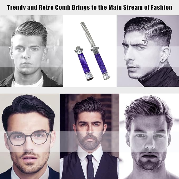 Folding Pocket Comb, Stainless Steel Beard Comb for Men, Switchblade Fine Tooth Mustache Combs Designed for Hair Salon Beauty Tool (Light Purple)