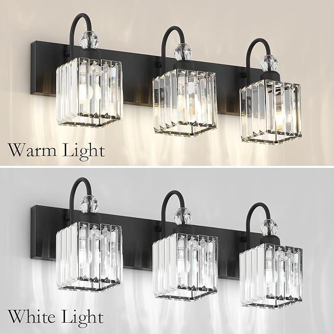 Ralbay Modern Crystal Black Vanity Light 3 Light Bathroom Light Fixtures Over Mirror Matte Black Crystal Bathroom Wall Lighting