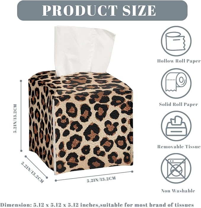 Leopard Print Tissue Box Cover Cute Animal Brown Black Leather Tissue Box Holder Square Facial Paper Organizer Dispenser for Bathroom Kitchen Bedroom Vanity Countertop Night Stands