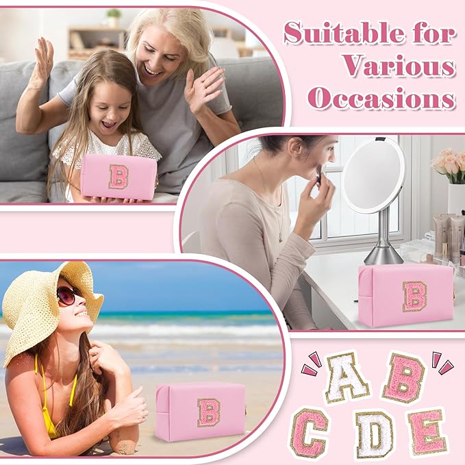 Personalized Initial A-Z Preppy Patch Makeup Bag,Small PU Leather Chenille Letter Cosmetic Bag with Zipper for Teen Girls,Pink Cute Travel Toiletry Bag,Birthday Monogrammed Gift for Daughter,Letter B