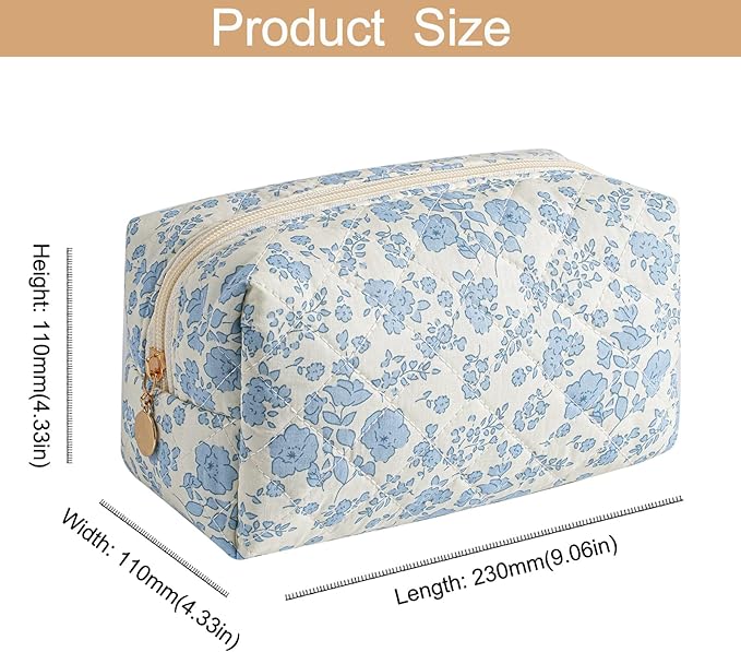 Makeup Bag Travel Cosmetic Bag for Women Girls, Zipper Make Up Pouch, Floral Flowers Toiletry Organizer Makeup, Portable Storage Bag, Cosmetic Travel Cloth Bag (2 Pack (L+S)/Blue Floral)