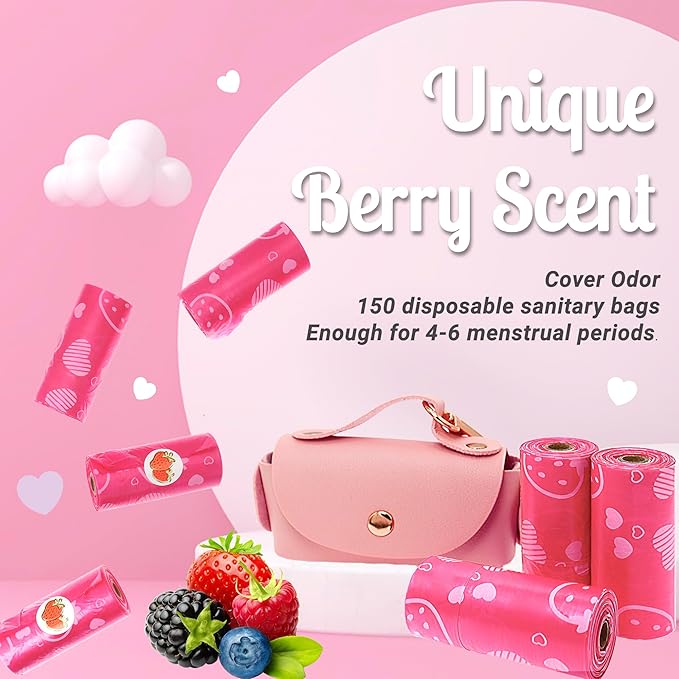 Sanitary Napkin Disposal Bags with Dispenser Feminine Hygiene Disposal Bags for Tampons Trash Bag, Personal Care Sanitary Bag for Women Privacy Handling (Pink)