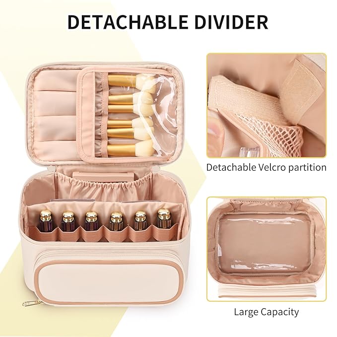 OCHEAL Makeup Bag, Multifunctional Large Compact Organizer Cosmetics Toiletry Brushes Storage Case for Women Girls with Handle Divider - Beige
