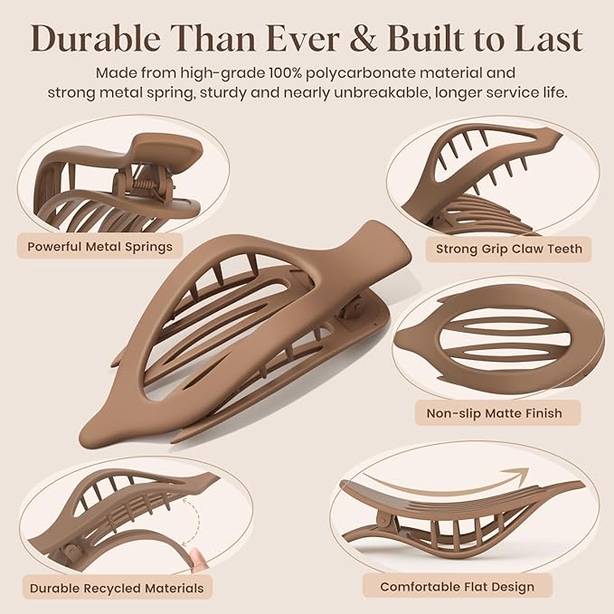 6 PCS Large Flat Hair Clips for Women Girls, French Concord Lay Down Flat Claw Clips for Thick Thin Hair, Comfortable Curved Hair Clip, Matte Non-slip Strong Hold Hair Accessories, Neutral