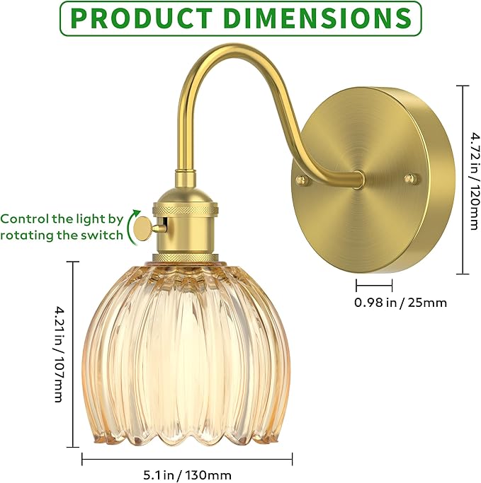 2-Pack Wall Sconces Lights Lamp for Bedroom Bathroom, Modern Vanity Light Fixtures, Wall Mount Lighting Vintage Tulip Amber Glass Shade for Living Room Mirror Hallway Kitchen