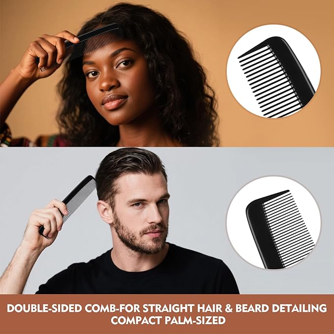4 Piece Professional Black Comb Set for Men and Women-Fine Tooth, Rat Tail, Beard and Mustache Combs-Parting and Teasing Tools for All Hair Types