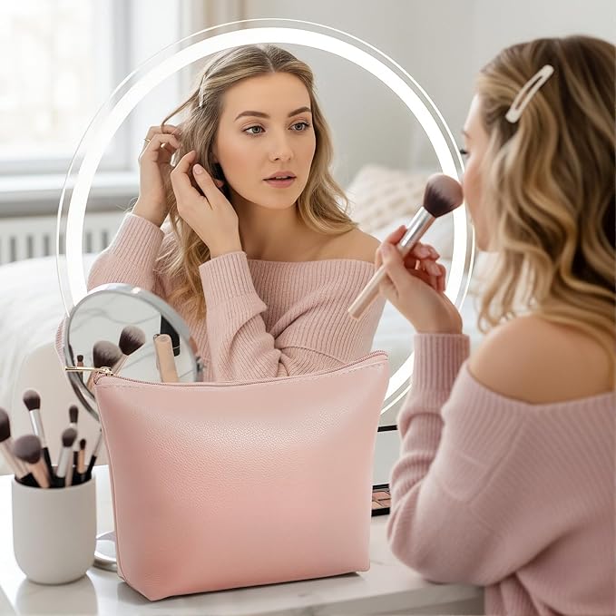 Kigeli PU Leather Makeup Bag for Women Gift Cosmetic Pouch for Purse Waterproof with PU Leather Travel Toiletry Organizer with Zipper for Women Bridesmaid Friend Gift(Nude)