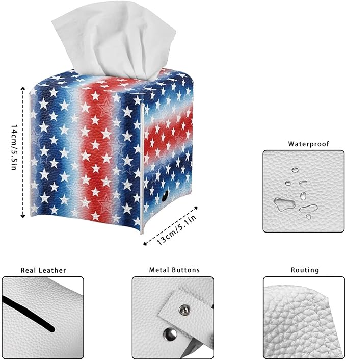 American Stars Luxury Tissue Box Cover, Elegant PU Leather Square Tissue Case with Metal Button, Waterproof and Dustproof Napkin Holder for Home Decoration, Office, and Car Accessories