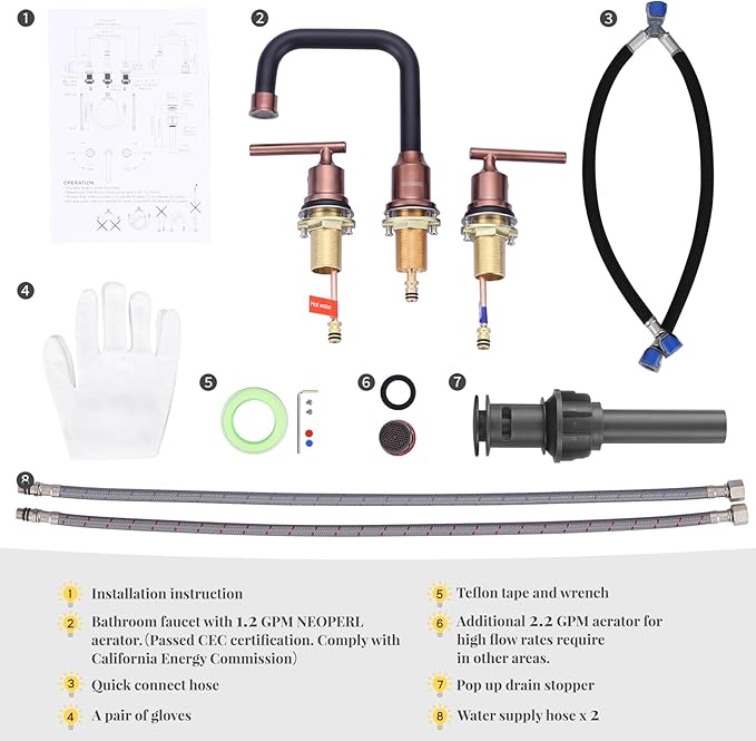 WOWOW 8 inch Bathroom Faucet 3 Hole, Widespread Bathroom Sink Faucet with Pop Up Drain Assembly and cUPC Supply Lines, Matte Black and Rose Gold Vanity Faucet 2 Handle Basin Faucet Mixer Taps
