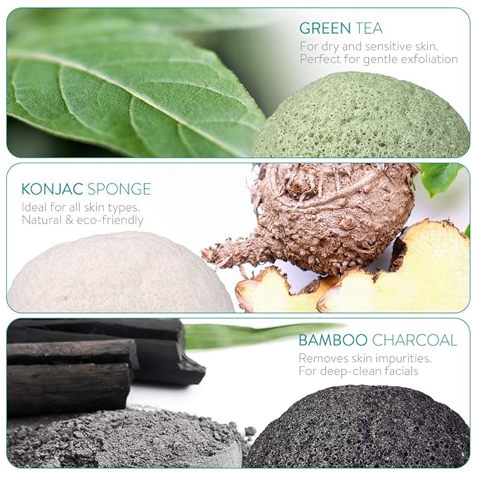 Navaris Konjac Sponges - Set of 3 - Facial & Body Konjac Sponge Puffs - Exfoliating & Cleansing Sponges for Bath & Shower - Green, Black, White