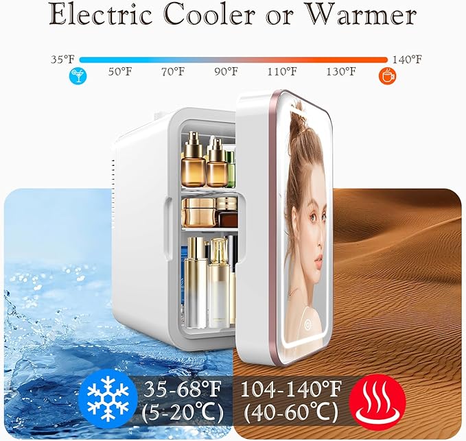 Mini Fridge for Bedroom, 6L Skincare Fridge with LED Mirror for Dorm & Office, Portable Cooler & Warmer Small Compact Refrigerator for Skincare, Makeup and Cosmetics