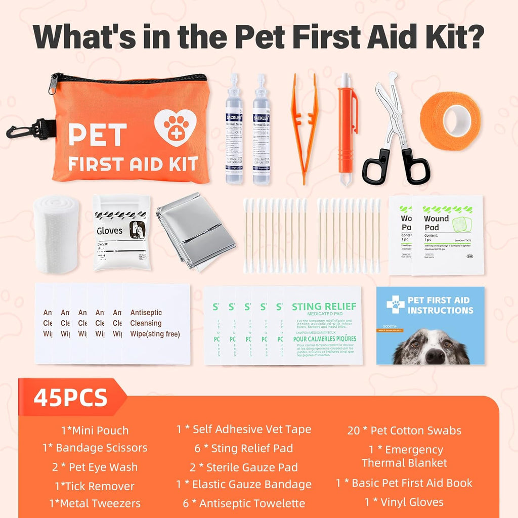 Portable Dog First Aid Kit with Hook - Water Resistant Pouch for Hiking, Camping, Daily Family Use, Travel, Pet Safety, Thoughtful Gift for Pet Owners (45pcs Standard Version)