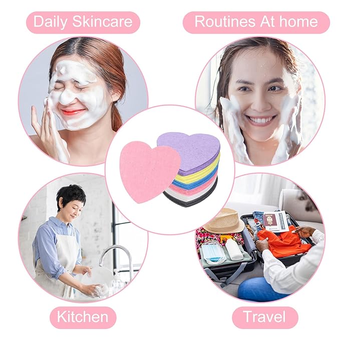 uxcell 120 Count Compressed Facial Sponges Heart-Shaped Face Cleansing Sponges Pads for Daily Skincare Routines at Home, Kitchen, Travel, Black