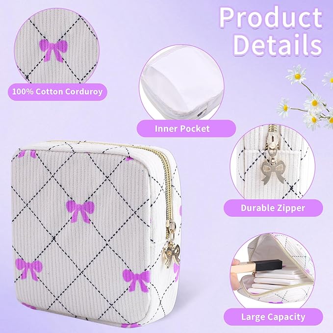 Period Bag for Women - Cute Corduroy Sanitary Napkin Storage Bag with Bow Design | Period Pouch for Daily Use, Travel | Discreet Menstrual Pouch | Pad Bags for Period Holds Pads, Tampons
