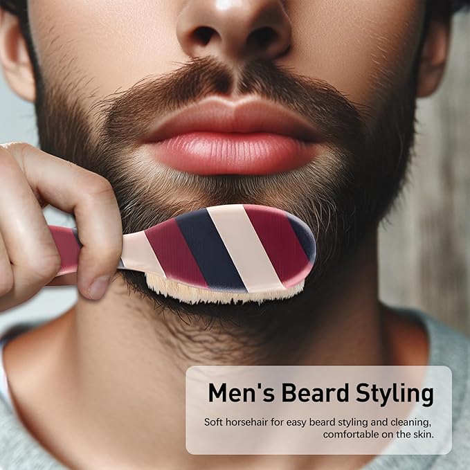 Ergonomic Soft Beard Brush for Men, Striped Handle Comfortable Grip, Ideal for Barber Shop Use