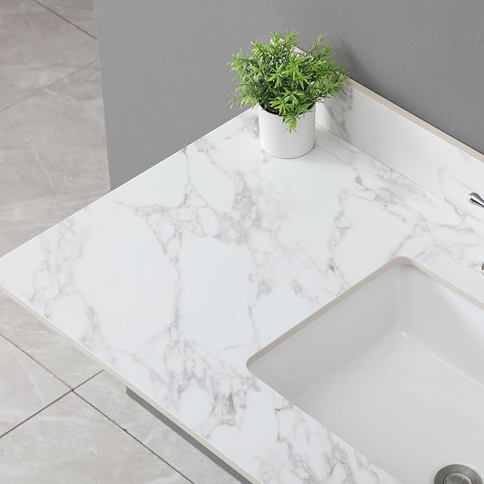 Montary 42" Bathroom Vanity with 43" Sintered Stone Carrara White Top, Modern Stylish MDF Bathroom Storage Cabinet, Vanity Set with 2 Doors and One Large Divided Drawer, White (Single Hole)