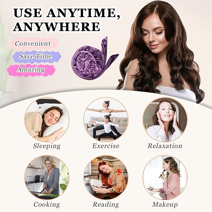 No Heat Overnight Curl Headband, 70" Soft Ribbon Wrap with 9 PCS Curling Rods and Yoga Strap - Purple