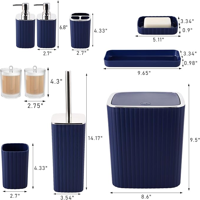 Navy Blue Bathroom Accessories Set - Gorgeous Bathroom Set, 10PC Bathroom Accessory Set, Toilet Brush, Trash Can, Qtip Holder & Soap Dispenser