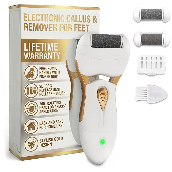 Electric Callus Remover for Feet – Electric Foot Filer with 3 Replacement Rollers & 360° Rotating Head – Hard Skin Remover for Feet with Ergonomic Handle for Easy Grip & Control in Home Pedicure