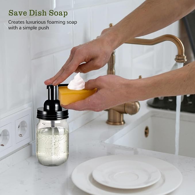 Amolliar Plastic Mason Jar Foaming Soap Dispenser with Pump Lid,16OZ Refillable Hand Soap Dispenser with Cute Lables, Farmhouse Decor for Kitchen/Bathroom, Lotion Dish Soap (1 Pack, Black)
