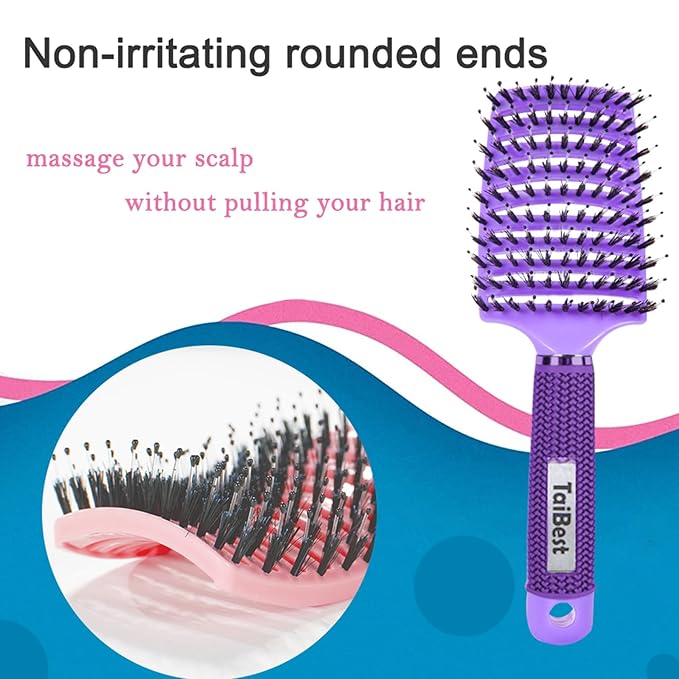 Boar Bristle Hair Brush Set - Dry/Wet Hair Brush Detangler for Fine, Thick, Curly Hair - Curved and Vented Brush for Women, Men or Kids (Purple & Rose Red)