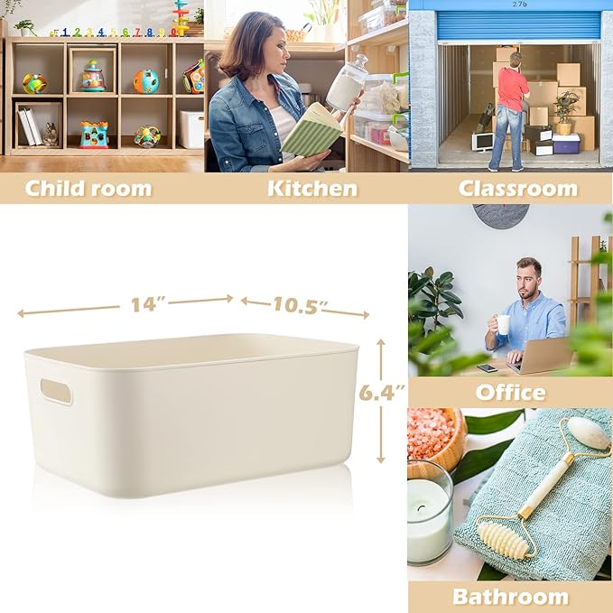 Zopeal Plastic Storage Bins 10 Pcs White Pantry Organizer Bins Small Baskets Storage Containers for Home Kitchen (14 x 10.5 x 6.4 Inch)
