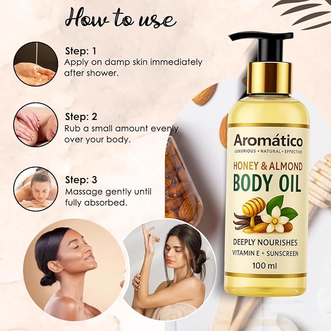 Honey & Almond Mini Body Oil for Women. Dry Skin-Deep Hydration Formula for Glowing Skin in the Winters. Non-Sticky Texture, for Daily Use after Bath. Cozy & Creamy Fragrance - 4 fl Oz