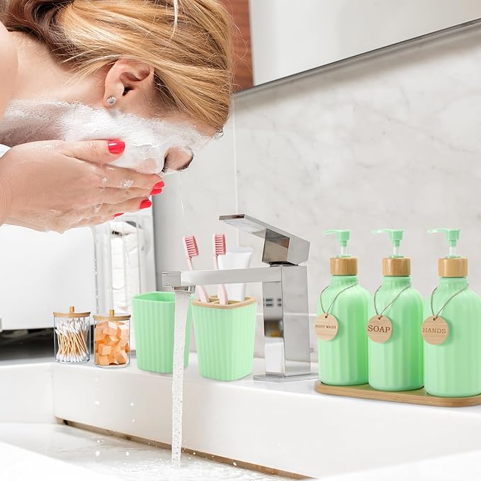 Green Bathroom Accessories Set 17PCS Bathroom Set with Trash Can 3PCS Lotion Soap Dispenser, Toothbrush Holder, 6PCS Wood Tags Bath Accessories with Tray for Kitchen Bathroom