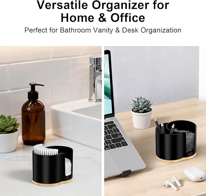 Cotton Pad and Swab Holder, Q tip Holder Round Cotton Pad Dispenser Plastic Cotton Swabs Dispenser, Bathroom Accessories Storage Organizer for Cotton Pads Floss Picks, Black